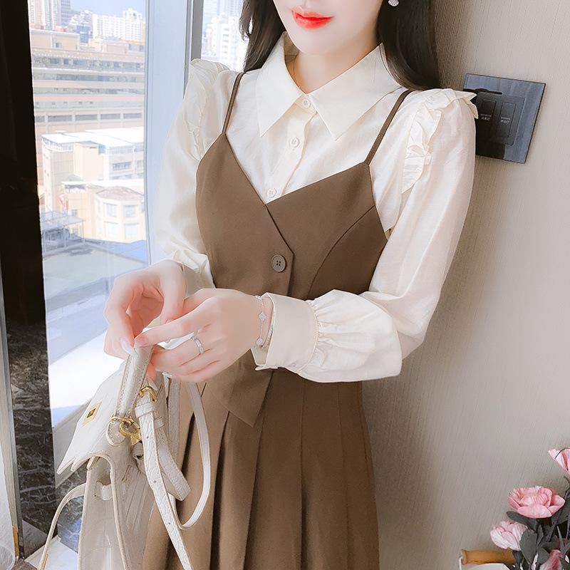 French Retro Long-Sleeve Two-Piece A-Line Dress - Petite Women's Spring Fashion