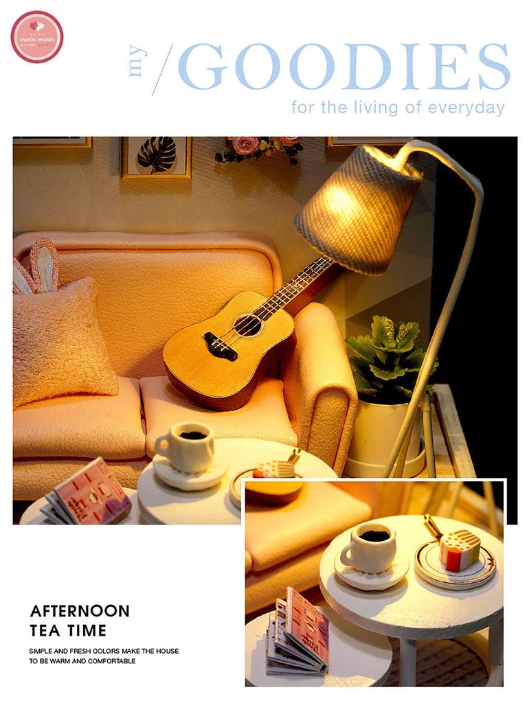 Moin Moin Scale Dollhouse Miniature DIY Kit Set Bunny House Collection for Beginners Pink Rabbit with Two Size Settings Includes LED Light and Acrylic