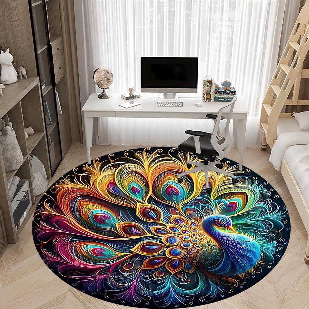 1PC Peacock Feather Mandala Office Round Rug, Non slip, Soft and Durable Office Rug for Interior Decoration, Perfect for Office