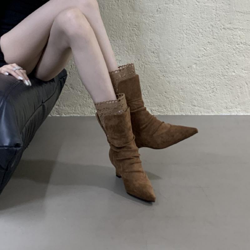 New Lace French High Heel Long Fashion Boots Women's 2025 Autumn and Winter New Pointed Sweet Stacking Boots Boots