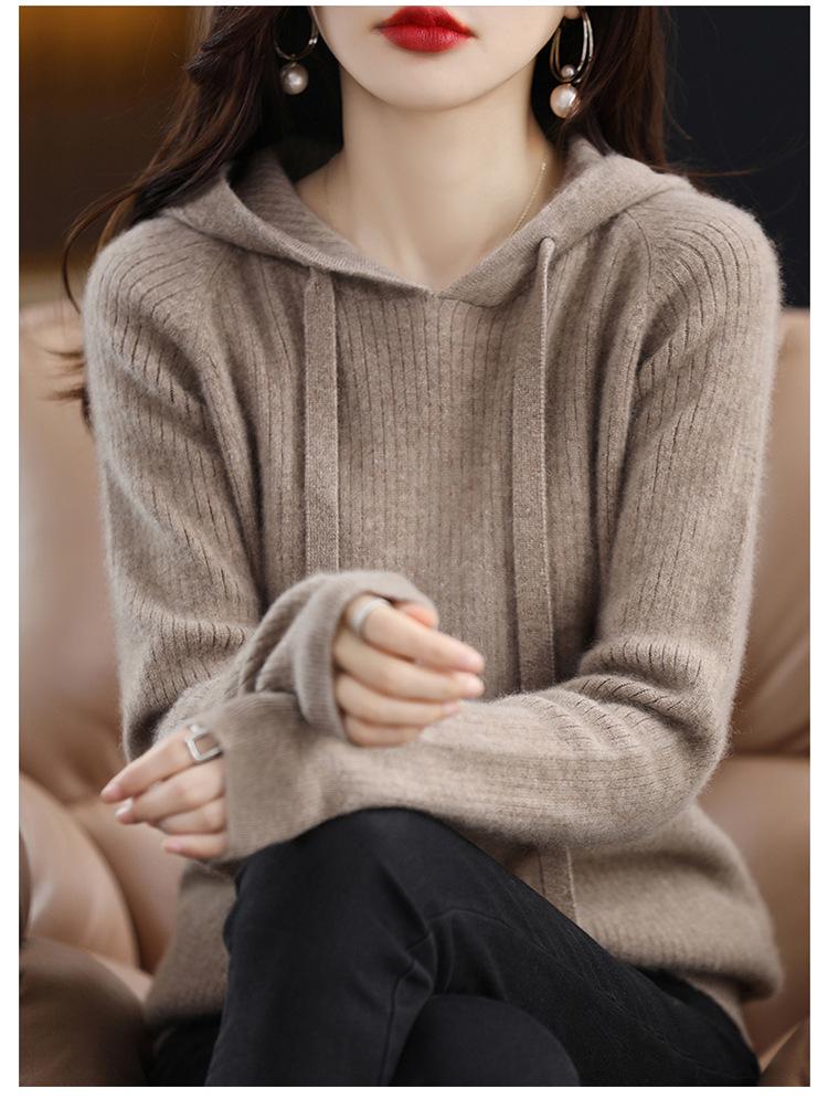 Women's 100% Cashmere Wool Hooded Sweater: Cozy Autumn/Winter Knitwear with Large Hood, Plus Size Options Available.