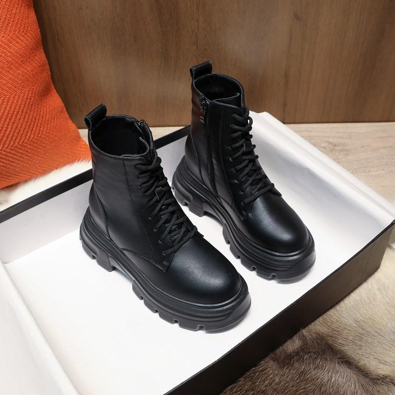 Leather Martin Boots Women's Shoes 2025 New Autumn High-top Thin Casual Platform Tide Ins Inner Height-increasing Short Boots