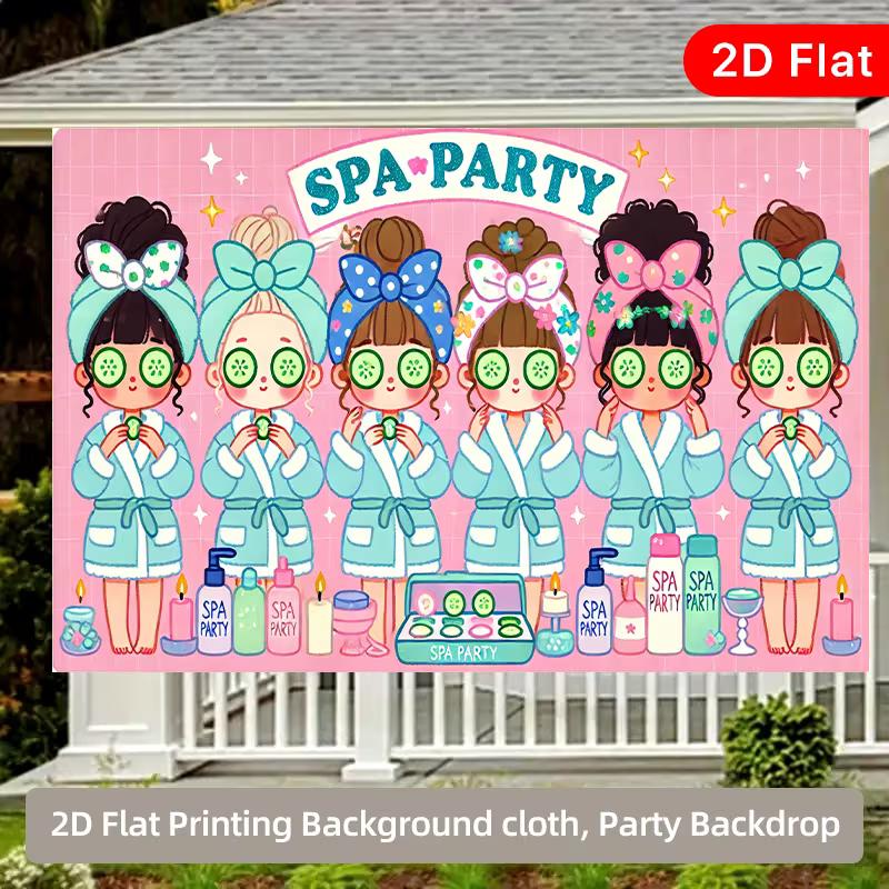 2D Spa Party Backdrop, Pink Cartoon Girls Skincare Photo Background Cloth for Birthday Party Decoration