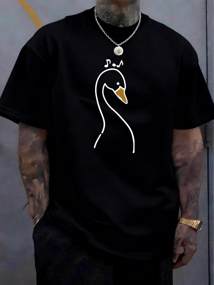 Unisex White Tee Minimal Line Art Singing Swan With Musical Notes Simple Print Crew Neck Loose Casual Male Short Sleeve Tops