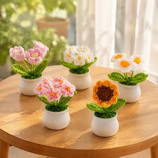 Gehäkelte Blume Dekoration Handgemachte Topfdekoration, Gestrickte Künstliche Sonnenblume Schreibtisch Dekorative Garn Dekoration, Geschenk für Frauen, Mama, Lehrer, Freundin,