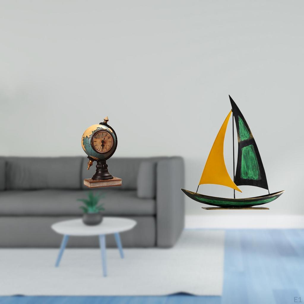Iron Sailboat Figurine Statue Table Clock Art Craft Ornament for Office Shelf Fireplace Bedroom