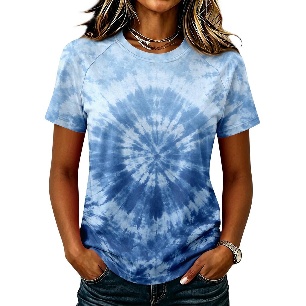 Damen Freizeit Kurzarm Raglan T-Shirt Rundhals Batik-Print Leichtes Weiches Gewebe Sommer Oberteil