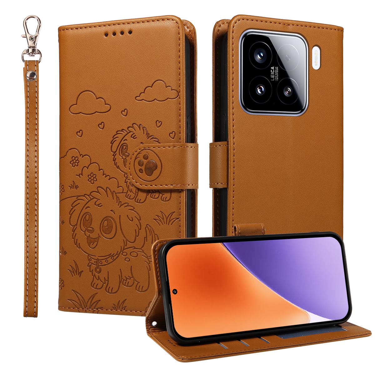 

For Xiaomi 15 Case RFID Blocking Imprinted Dog Pattern PU Leather Phone Cover with Wrist Strap Brown