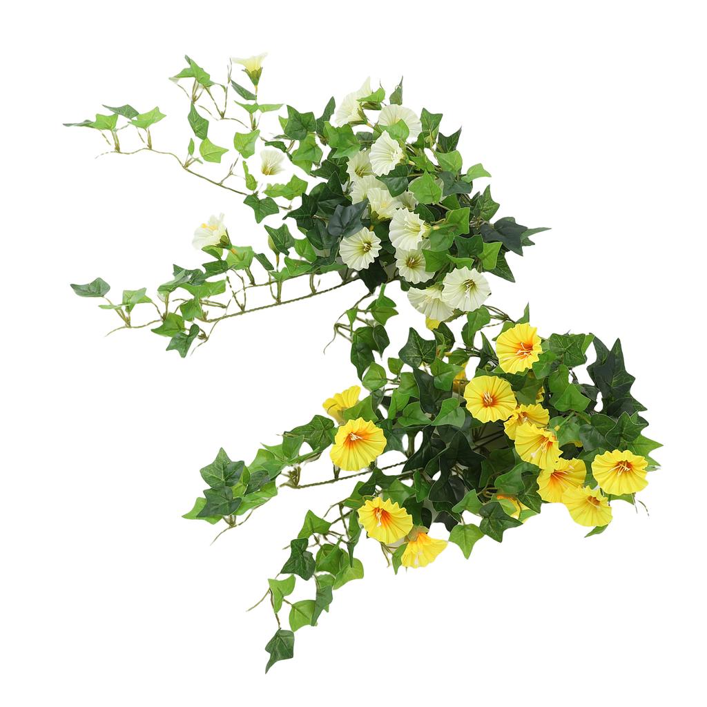 Artificial Morning Glory Flower Garland Lifelike Reusable Faux Hanging Vines Plant for Wedding Party Patio Balcony Wall Decoration White+Yellow