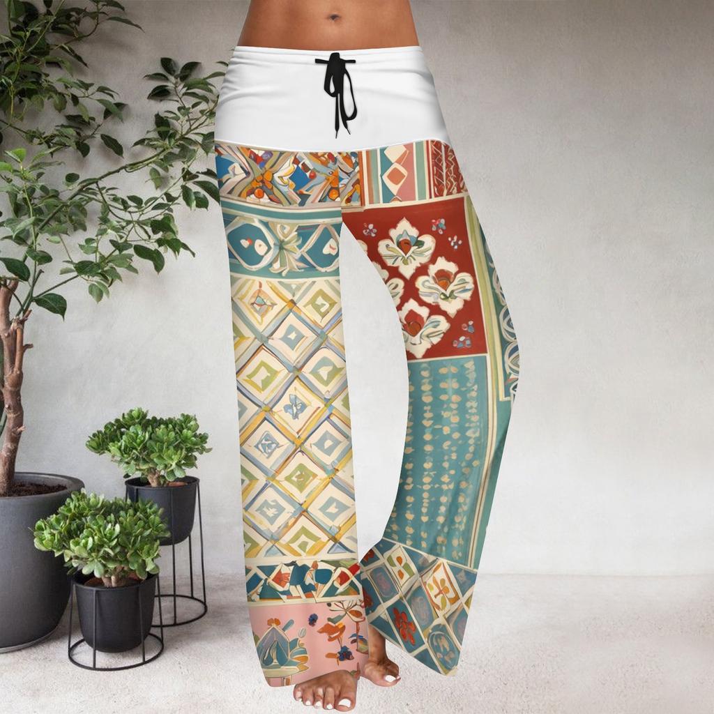 Pantaloni Casual Largi cu Talie Elastică cu Șnur pentru Femei, cu Imprimeu Floral și Blocuri de Culoare
