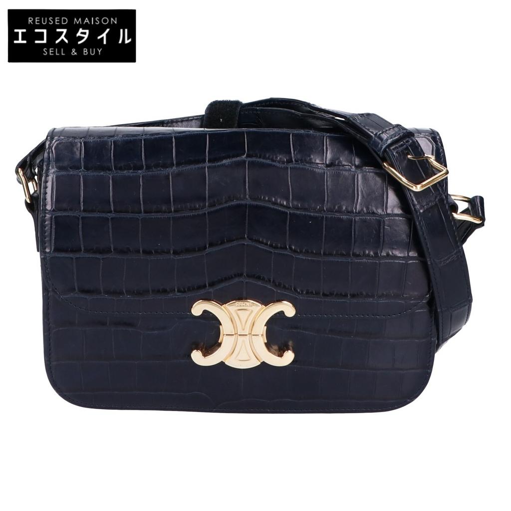 CELINE Crocodile Leather Classic Triomphe Shoulder bag NavyUsed