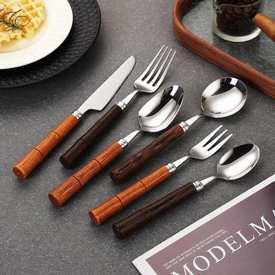 304 Stainless Steel Bamboo Joint Cutlery Set: Wood Handle Knife, Fork & Spoon - Stylish Western Dessert & Fruit Utensils