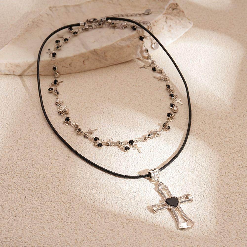 Gothic Cross Pendant Choker Necklace Heart Double Layer Necklace Rhinestone Necklace  Girls