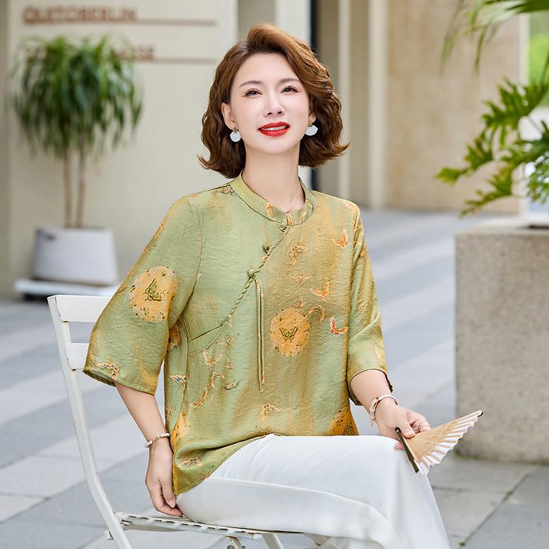 Chinese Style Summer Women's Round Neck 3/4 Sleeve Printed Top for Middle-Aged & Elderly