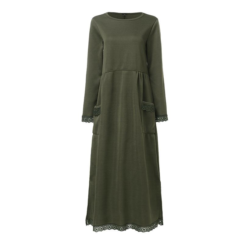 Women's Autumn and Winter Warm Fleece Long Sleeve Lace Sweater Dress Casual Pocket Dress