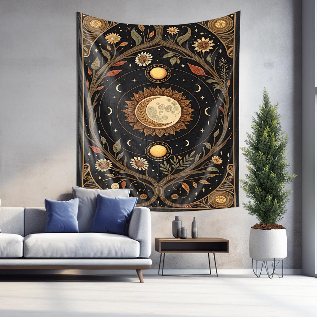 Vintage Astronomy Theme Tapestry  Sun and Moon Decorative Hanging Cloth
