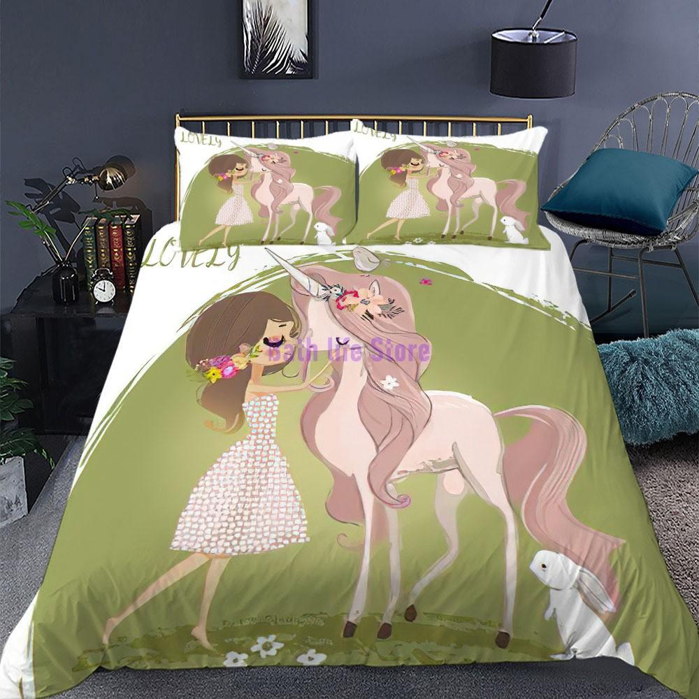 Cartoon Unicorn Lucky Kids Girls Pink Bedding Set Cartoon Duvet Cover Bedcllothes Animal Printed Queen King Size Bed Linens