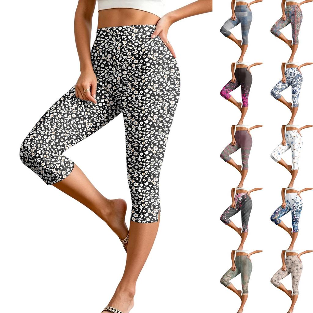Women's Elastic Waist Casual Capri Pants Slim Fit Cropped Trousers with Side Slits and Geometric Pattern Design for Everyday Wear