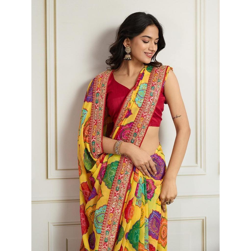 Party Wear Soft Georgette Bandhej Saree – Rajwadi Elegance Embroidery Edition