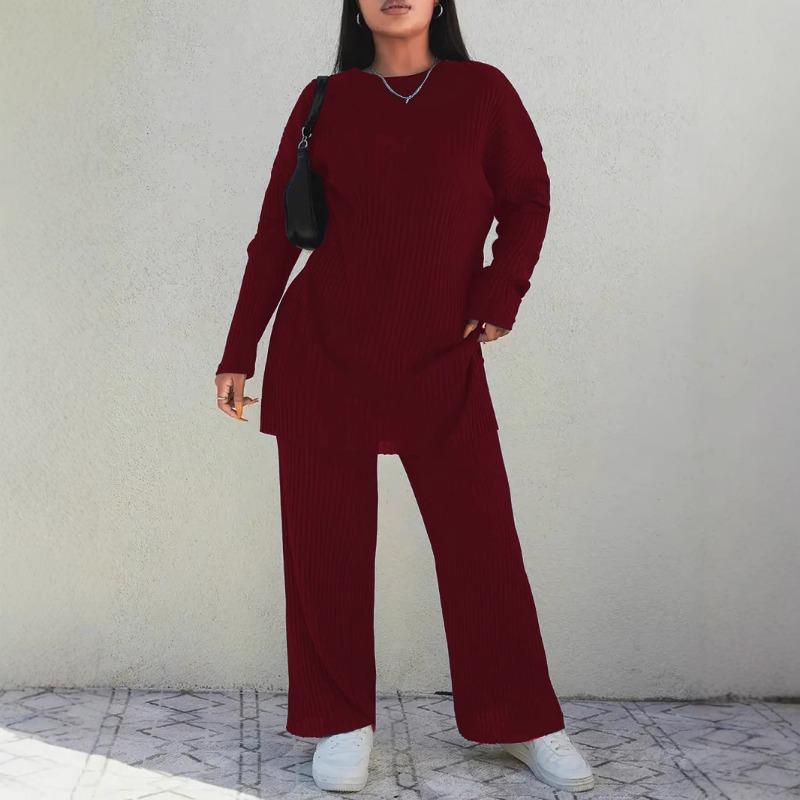 

Жіночий модний повсякденний облягаючий трикотажний костюм-двійка великого розміру з круглим вирізом і довгим рукавом однотонного кольору 4XL бордовий