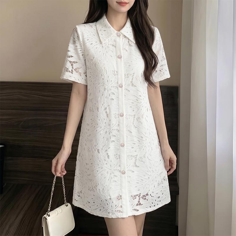 ZANZEA Women Casual Turn Down Collar Short Sleeve Lace Crochet Patchwork Elegant Dress M
