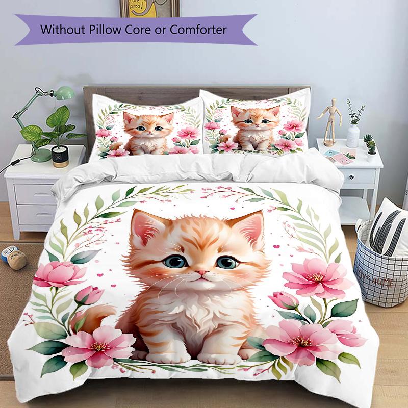 3pcs Cats & Flowers Pattern Bedding Three-Piece Set (1 Cover + 2 Pillowcases, No Fillings), This Printed Bedding Set Is Soft and Comfortable, Sui