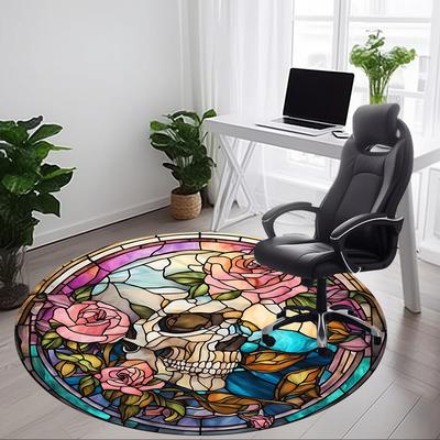 1 Stück Buntglas Totenkopf Rosen Büro Runder Teppich, Rutschfest, Weicher und Langlebiger Büroteppich für die Innendekoration, Perfekt für das Büro yy260204027