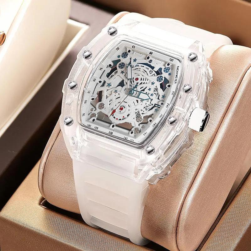 Tonneau Fashion Quartz Watch Men Transparent Shape Casual Luxury Waterproof Rubber Strap Male Watches Men AAA Clock Relogio