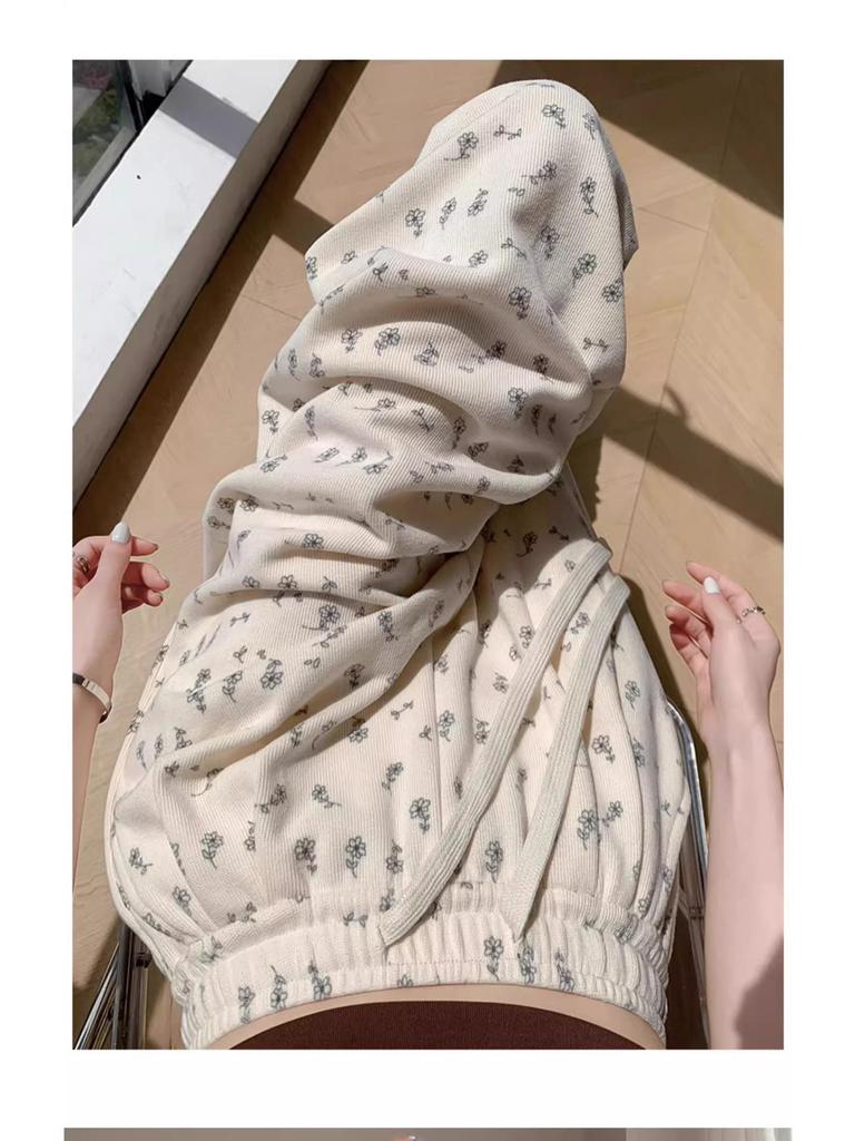 Florale weiße High-Waist-Sweathose mit weitem Bein für Damen - Frühling, Herbst & Winter