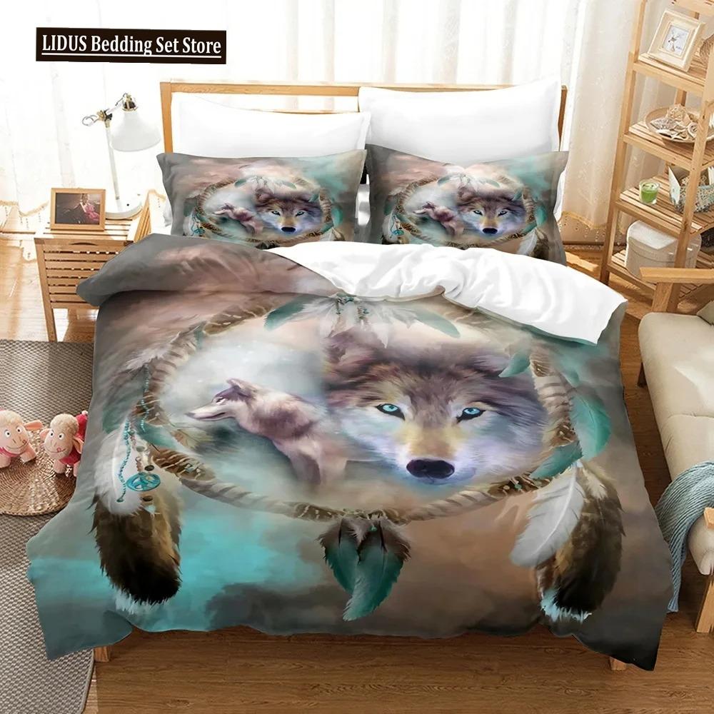 Boys Wolf Duvet Cover Set Queen Size, Boho Wolf Wildlife Animal Bedding Set Men Galaxy Dream Catcher Moon Polyester Quilt Cover