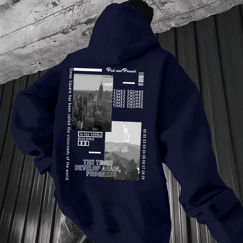 Oversized Hooded Sweatshirt With Vintage NYC Statue Of Liberty Print Unisex Streetwear Casual Winter Top