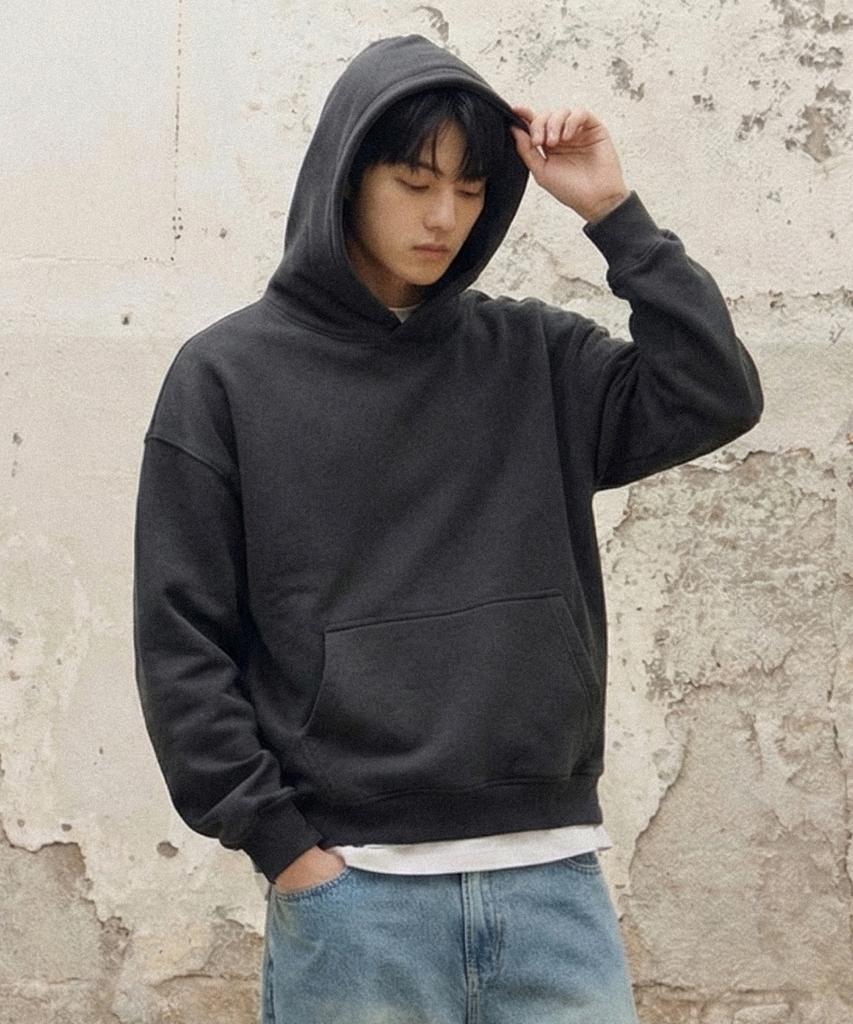 [Fleece-Lined] Essential Overfit Peach Sweat Hoodie [Charcoal]