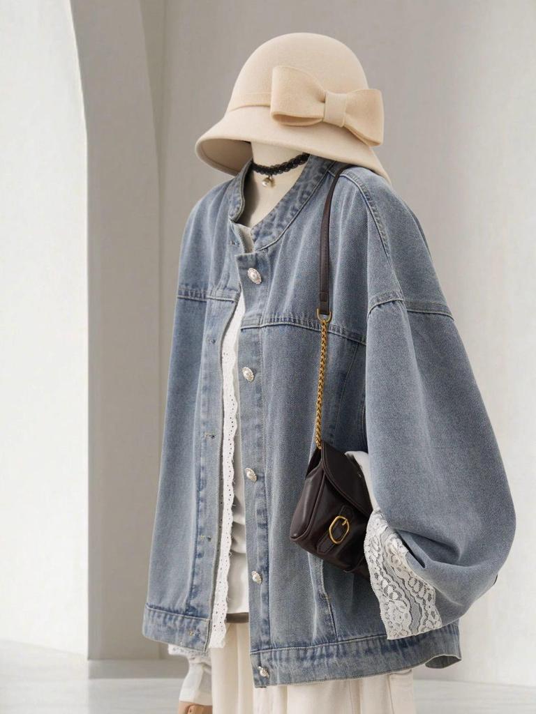 Women's Light Blue Denim Jacket with Lace Trim - Sweet Style, Stand Collar, Short Fit with Tag