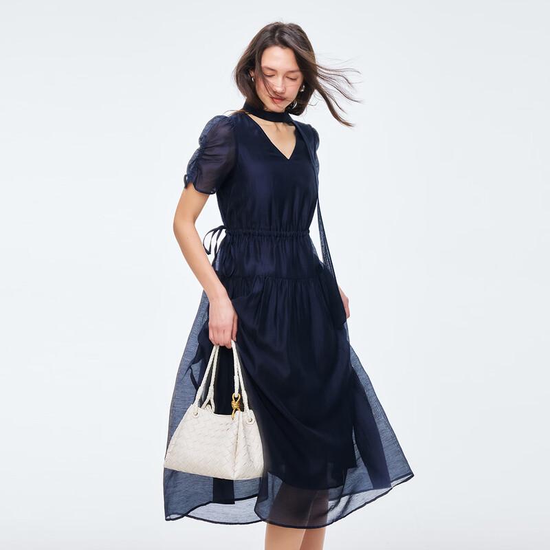Retro Puff Sleeve V-Neck Midi Dress S