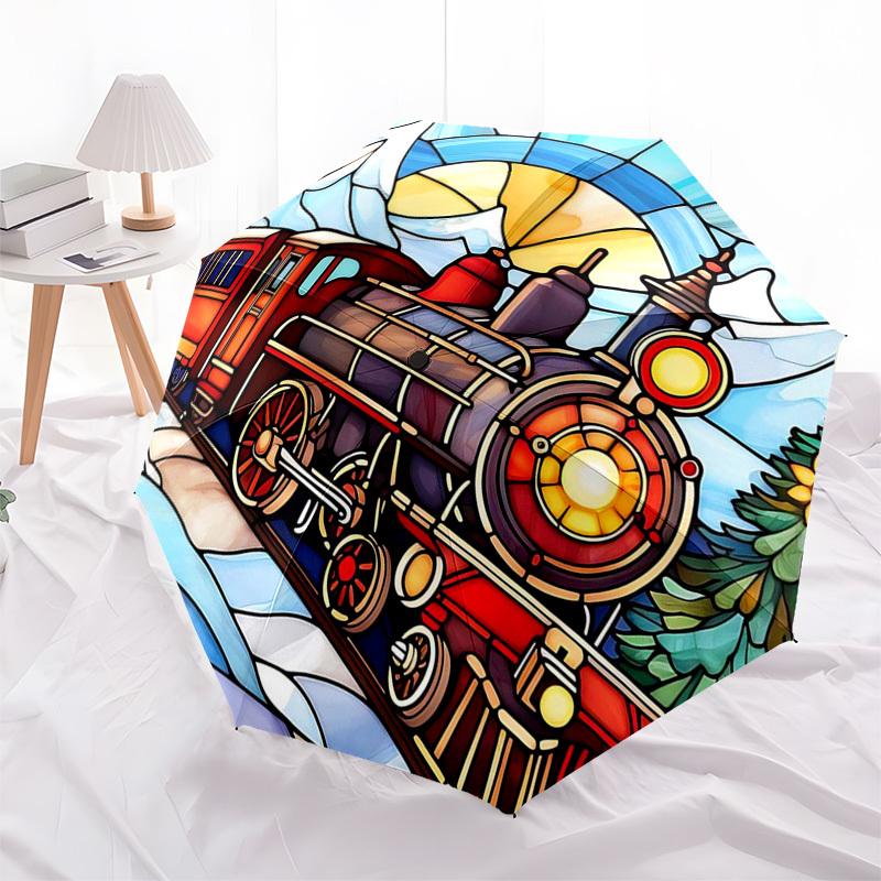 1 Stück Buntglas Dampflok Szene Automatischer Faltregenschirm - Tragbares 3-fach Design mit 8-Speichen Eisenrahmen, Outdoor für Fans, Reisende, Tägliche Nutzung