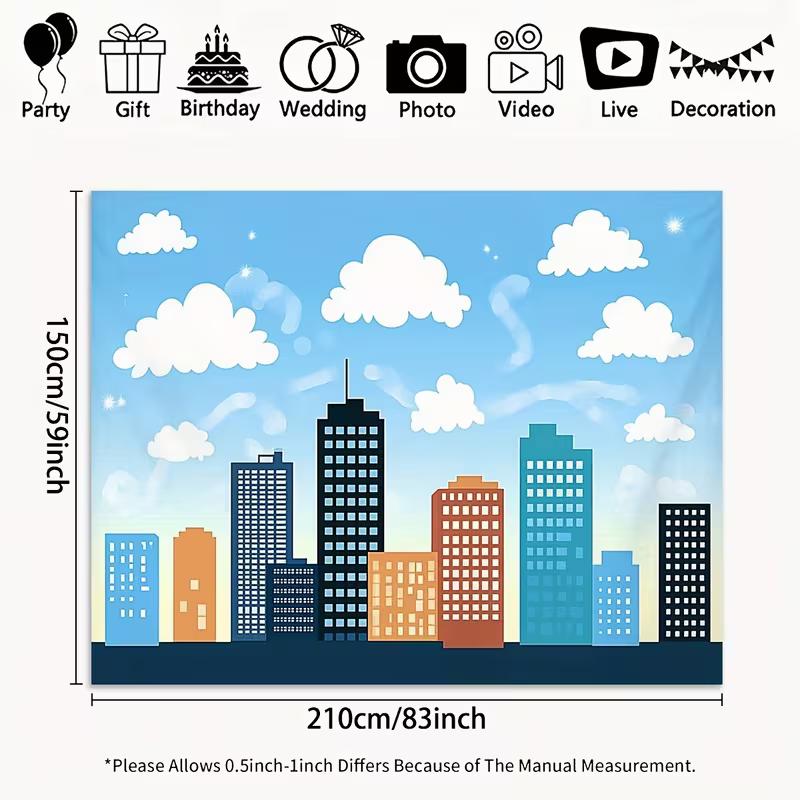 

2D Bright City Skyline Background Cloth, Blue Sky Cartoon Cityscape Backdrop for Photo Studio & Live Streaming 47.2x31.5inch/120*80cm