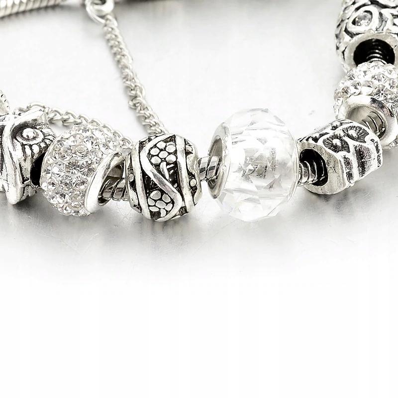 Silver Modular Bracelet White Pendants Charms Beads Owl Tree 20cm