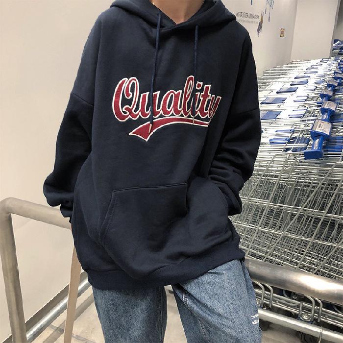 

Женское худи винного цвета на флисовой подкладке - Свободный крой, Трендовый корейский стиль, Утепленный свитшот для осени/зимы 2025 XL темно-синий