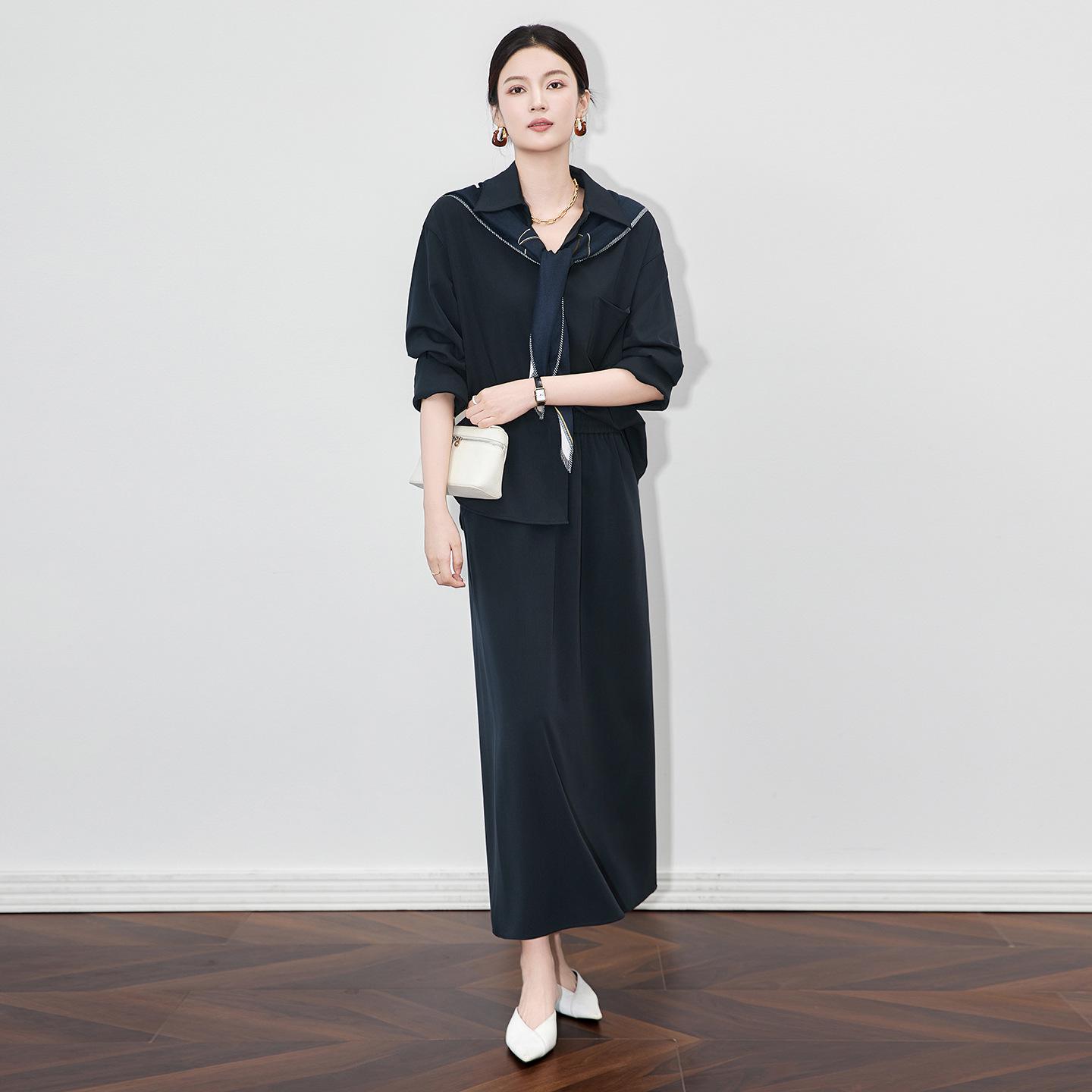 

Elegant French-Style Relaxed Scarf, Shirt, and Midi Skirt Set for Autumn/Winter Women XL тёмно-синий