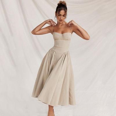 Summer Backless Sexy Dress Women Mid Length Strapless High Waist Casual Dresses Women Slim Fit Elegant A Line Party Evening Dress Lady 24166