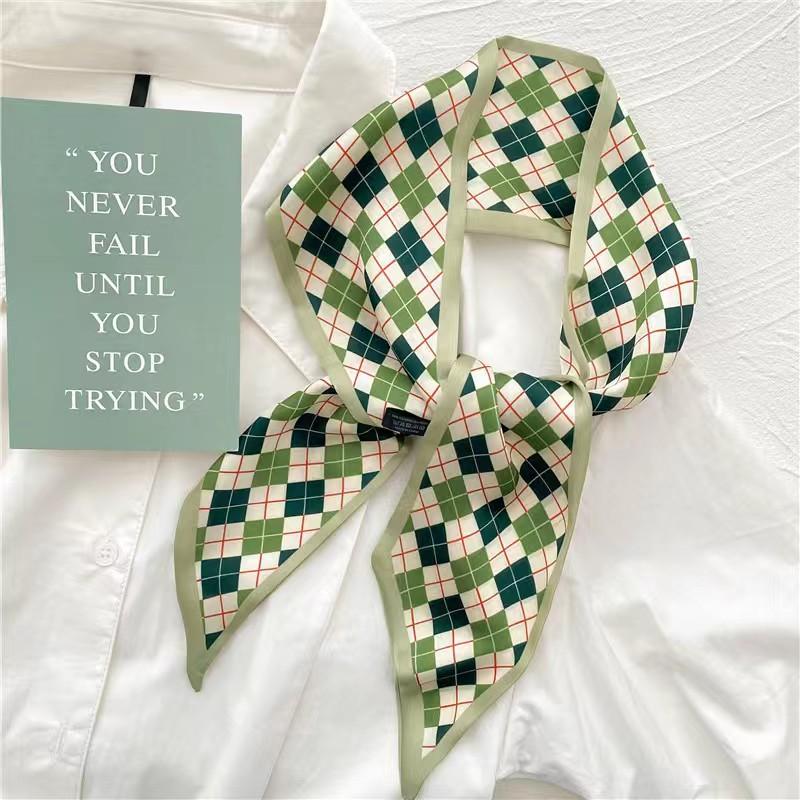 Small White And Tender Green Silk Scarf For Women, Thin Streamer, Headband, Hair Tie, Bag Decoration Long