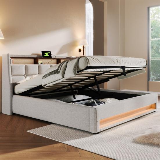 Upholstered Bed with USB 180x200cm, LED Double Bed with Slatted Metal Frame, Bed Frame Made of Linen Material Youth Bed (without Mattress)
