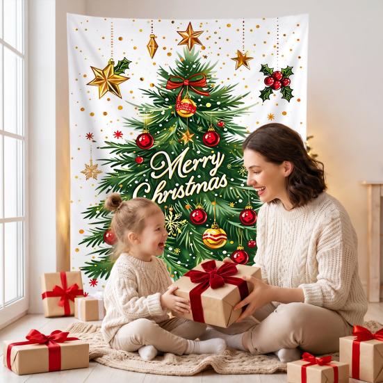 Festive Window Hanging Merry Christmas Tapestry, Wall Fabric Backdrop, Xmas Tree Winter Holiday Party Scene Decoration Art for Living Room,