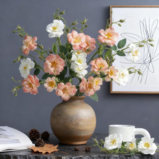 Artificial Chinese Rose Flower with Leaves UV Resistant Fake Silk Flower Wedding Party Table Centerpiece Indoor Outdoor Faux Bloom Decoration