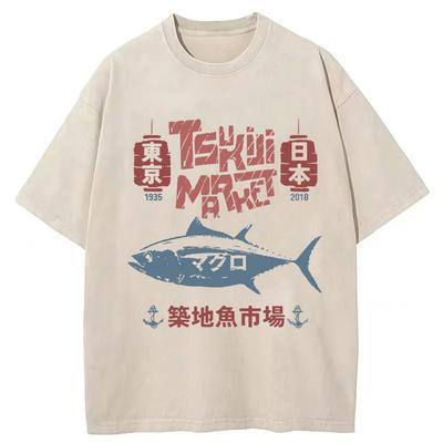 Japanese Funny Tsukiji Fish Market Vintage Washed T Shirt Unisexs Fans Gift Summer Cotton Short Sleeve Tshirts Unisex Streetwear
