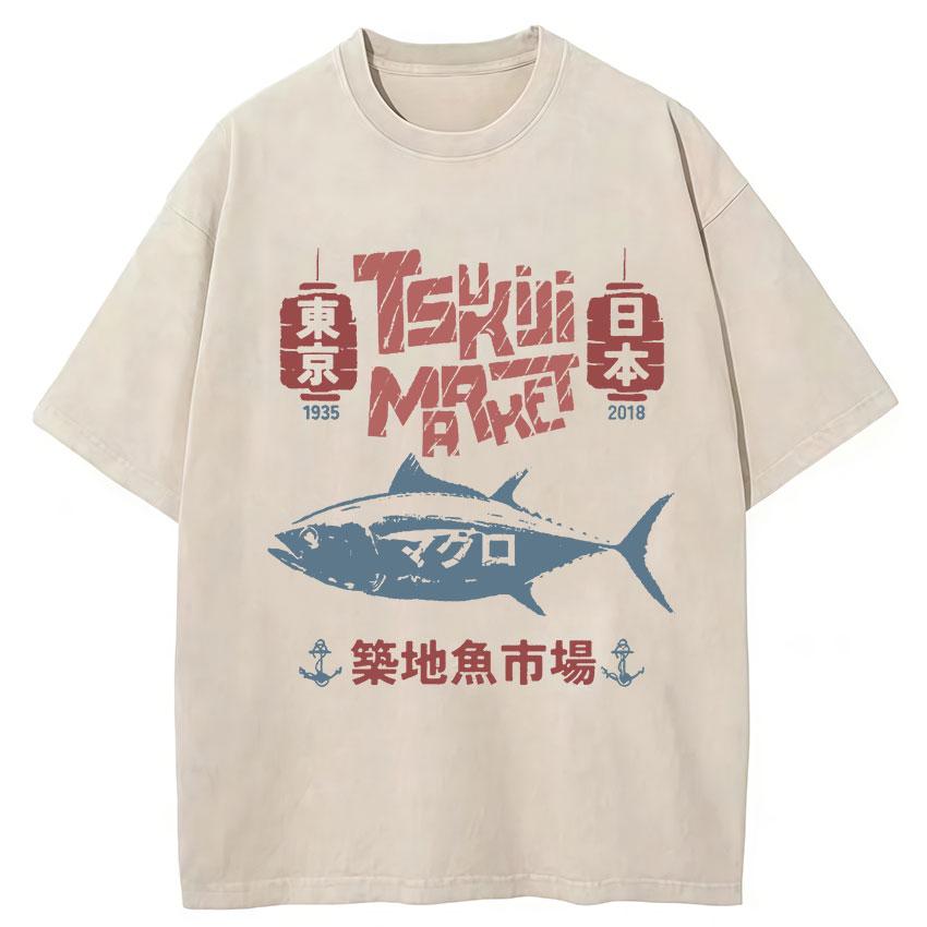 Funny Fish Japanese Tsukiji Market Vintage Washed T Shirts Unisex Women Summer Fashion Cotton Short Sleeve Tshirt Streetwear