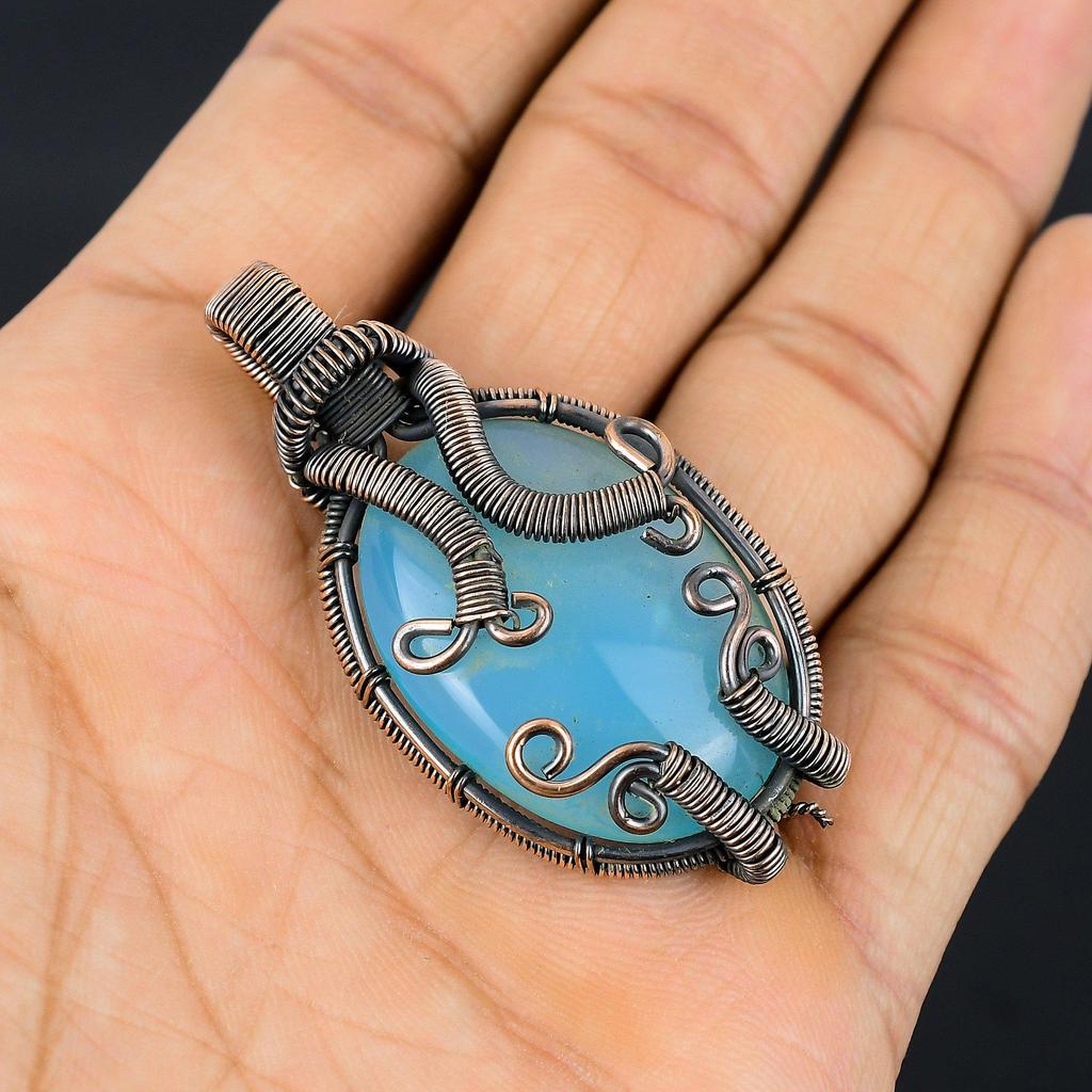 Blauer Chalcedon 999 Kupferdraht umwickelter Anhänger, Handgefertigter Edelsteinanhänger Schmuck, Geschenke für Ehefrau Brandneuer Anhänger
