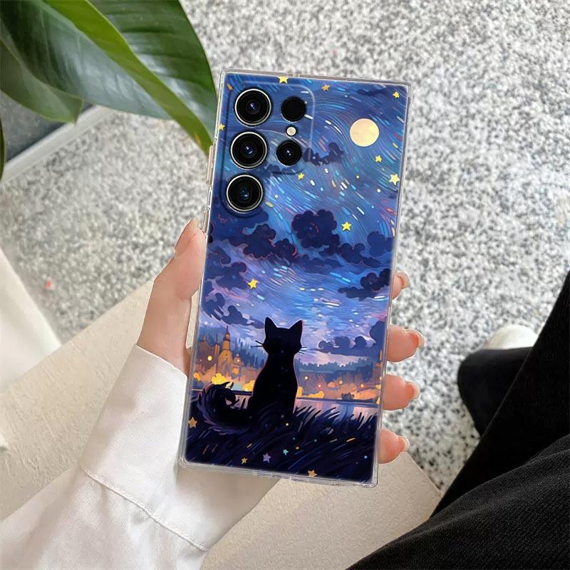 Retro Oil Painting Starry Sky Cat Clear Case For Samsung Galaxy S26 S25 S24 S23 Ultra S20 S21 FE S22 Plus S26 Ultra Phone Cover