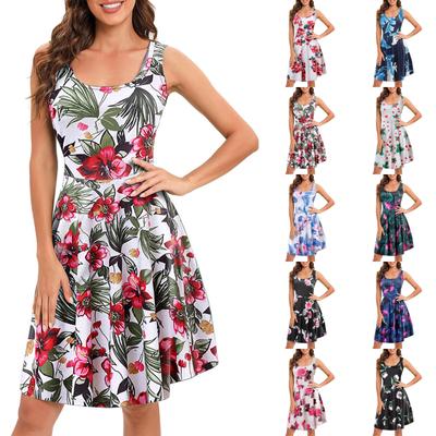 Damen-Sommermode, lässig, Pflanzen-Druck, O-Ausschnitt, Nähte, ärmellos, Strandweste, A-Linien-Kleid