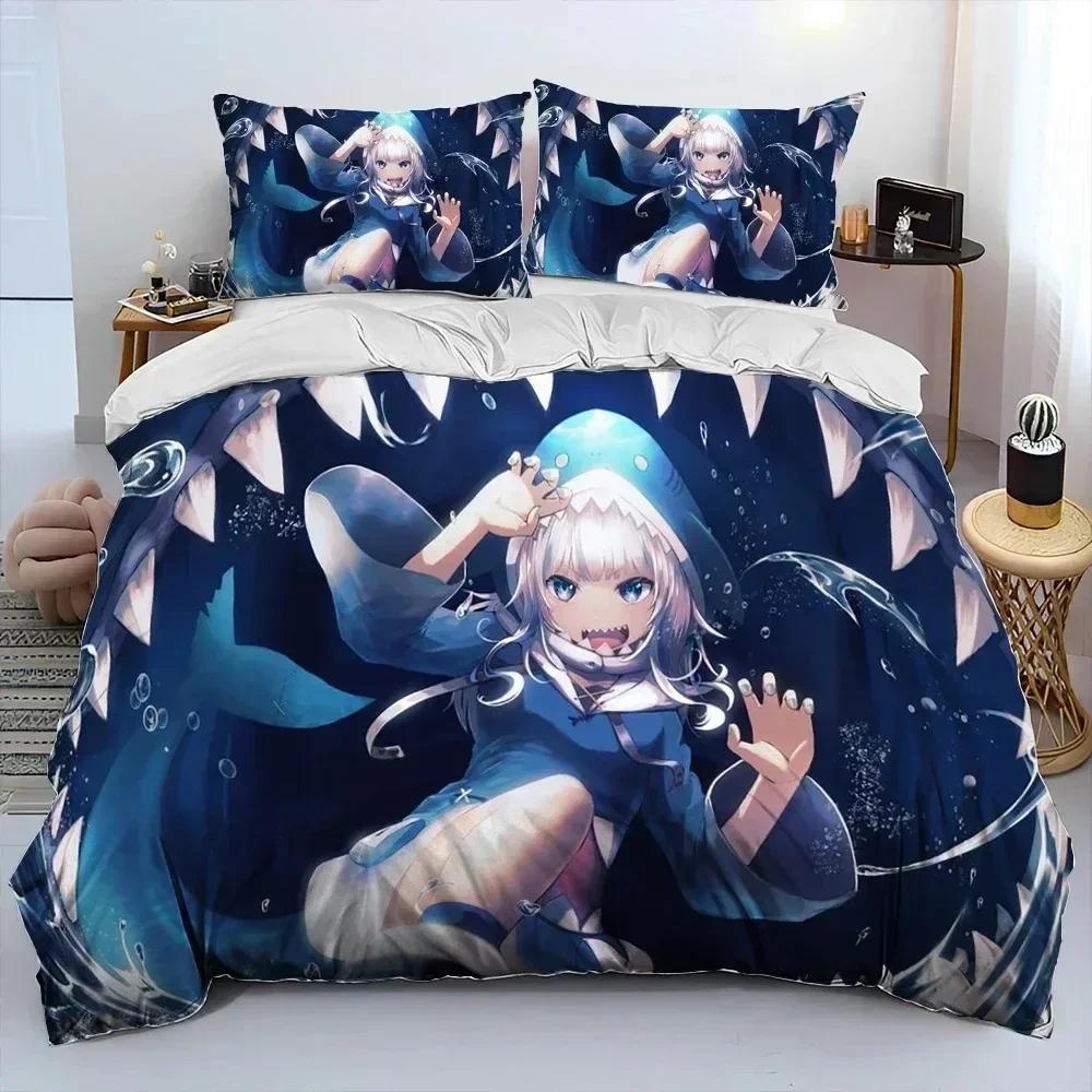 Comforter Cute Gawr Gura Hololive Anime Shark Bedding Set Printed Bed Set With Soft Queen King Size Bedclothes Home